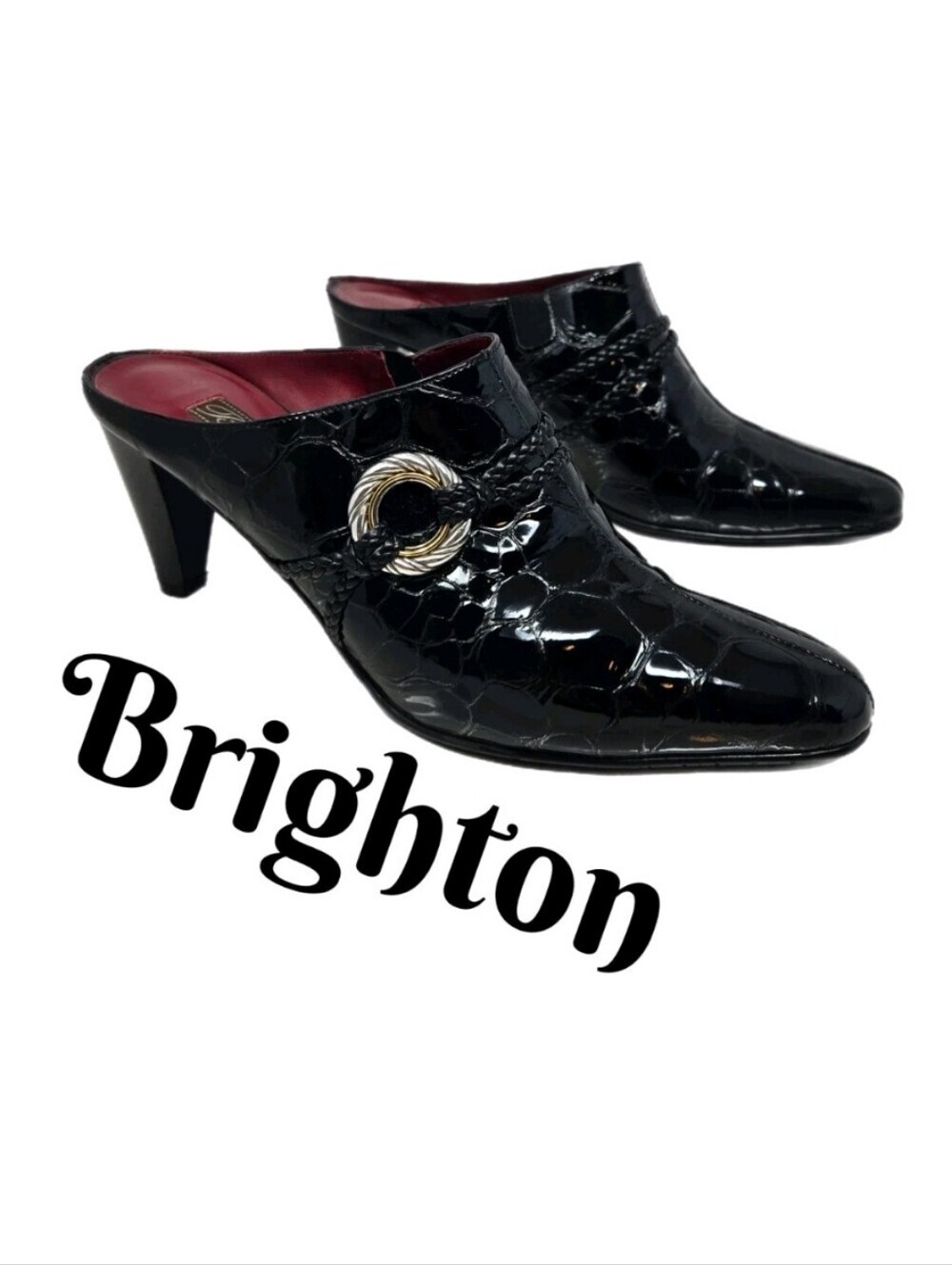Brighton Women's Rico Sz 7.5M Heeled Mules Black Patent Leather Braided Jewelry